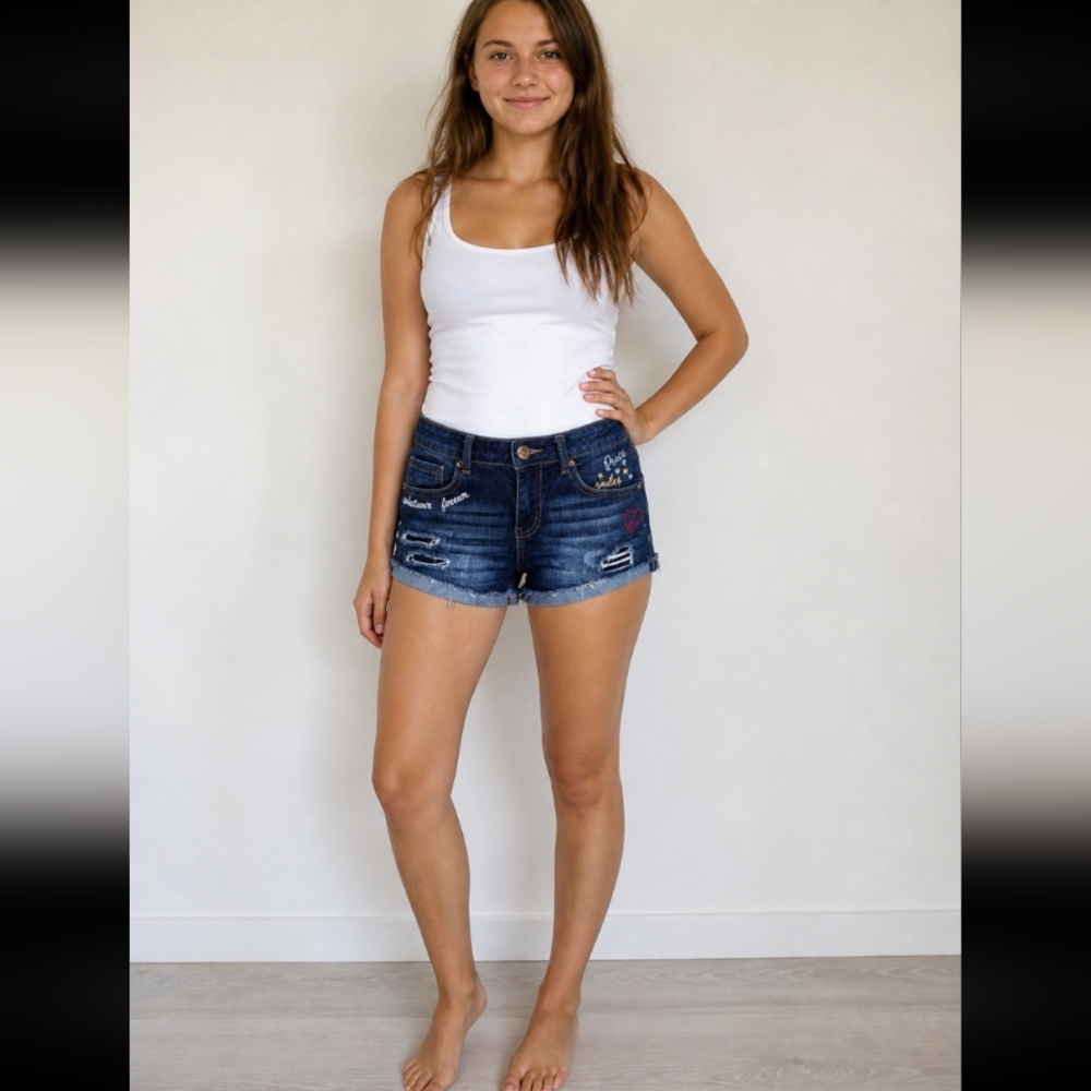 VANILLA STAR Mid Rise Shortie Embroidered Shorts 5